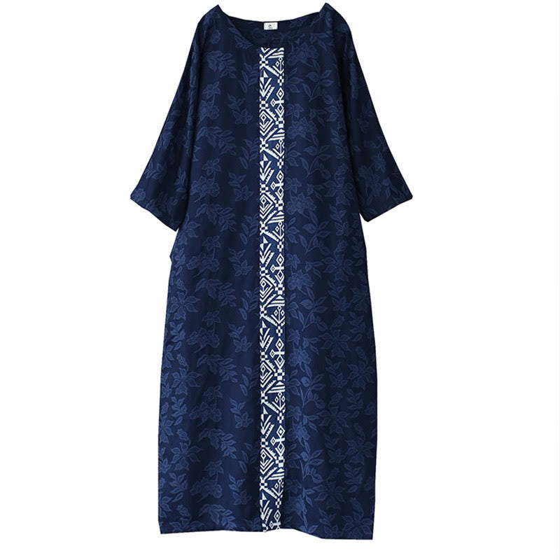 Abito midi in jacquard con ricamo di fiori blu Buddha Stones , abito in cotone con maniche a tre quarti e tasche