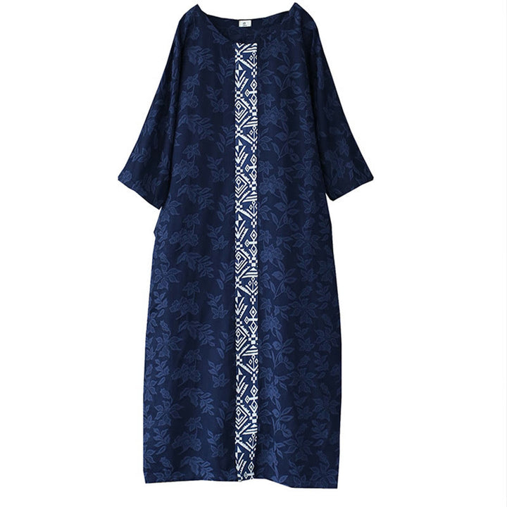 Abito midi in jacquard con ricamo di fiori blu Buddha Stones , abito in cotone con maniche a tre quarti e tasche