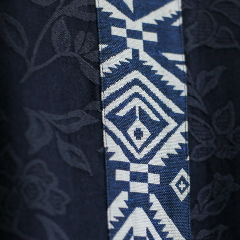 Abito midi in jacquard con ricamo di fiori blu Buddha Stones , abito in cotone con maniche a tre quarti e tasche