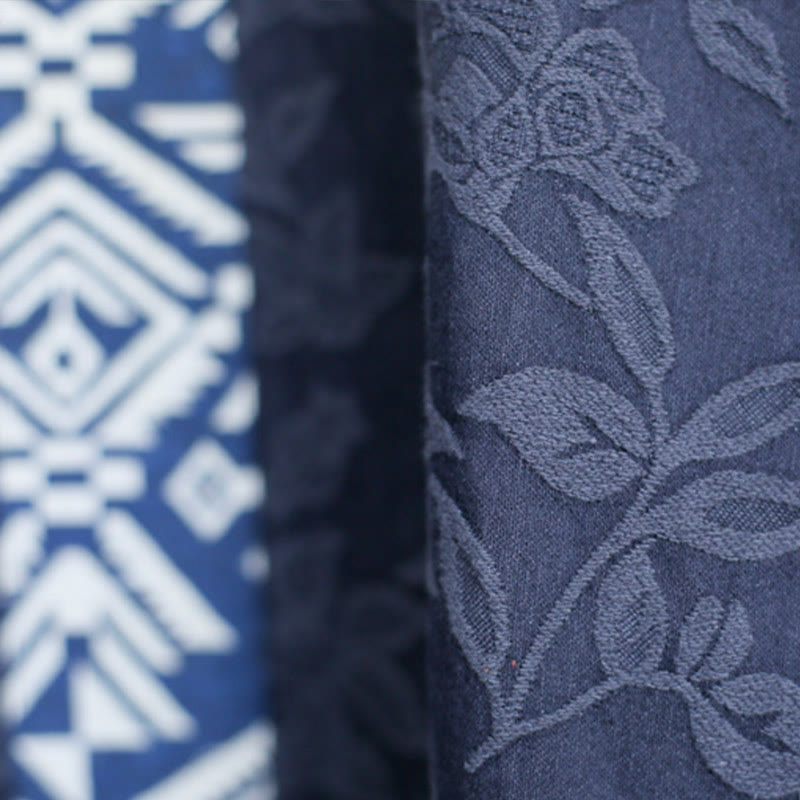 Abito midi in jacquard con ricamo di fiori blu Buddha Stones , abito in cotone con maniche a tre quarti e tasche