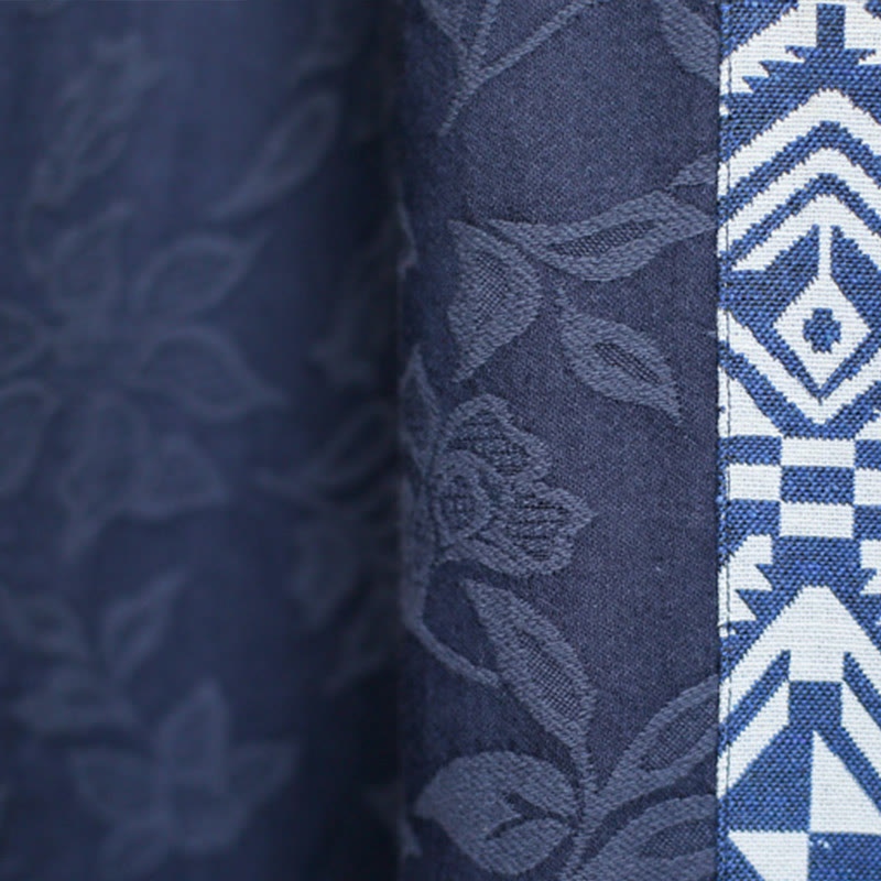 Abito midi in jacquard con ricamo di fiori blu Buddha Stones , abito in cotone con maniche a tre quarti e tasche