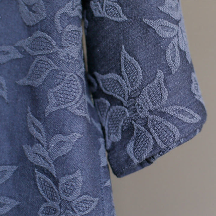 Abito midi in jacquard con ricamo di fiori blu Buddha Stones , abito in cotone con maniche a tre quarti e tasche