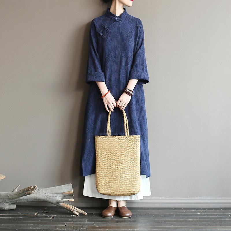 Abito midi in jacquard con fiori e Buddha Stones, abito in cotone e lino a maniche lunghe, pantaloni a gamba larga con tasche