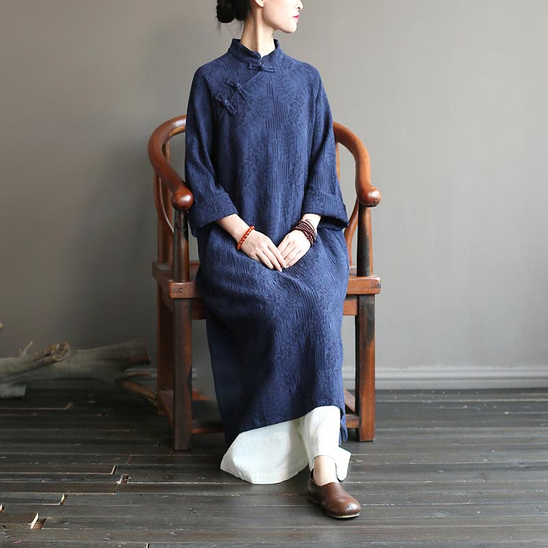 Abito midi in jacquard con fiori e Buddha Stones, abito in cotone e lino a maniche lunghe, pantaloni a gamba larga con tasche