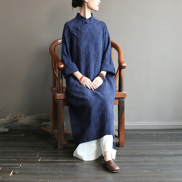 Abito midi in jacquard con fiori e Buddha Stones, abito in cotone e lino a maniche lunghe, pantaloni a gamba larga con tasche