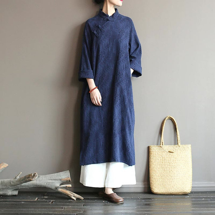 Abito midi in jacquard con fiori e Buddha Stones, abito in cotone e lino a maniche lunghe, pantaloni a gamba larga con tasche