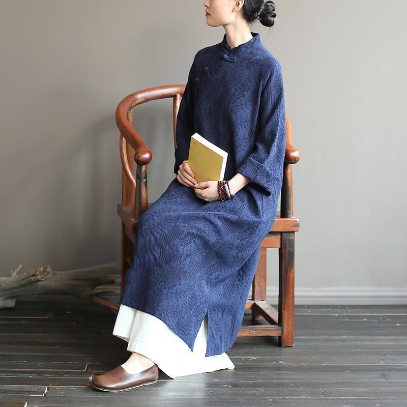 Abito midi in jacquard con fiori e Buddha Stones, abito in cotone e lino a maniche lunghe, pantaloni a gamba larga con tasche