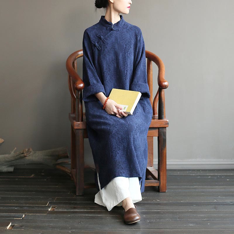 Abito midi in jacquard con fiori e Buddha Stones, abito in cotone e lino a maniche lunghe, pantaloni a gamba larga con tasche
