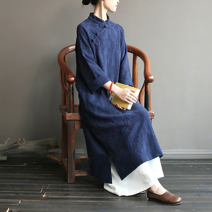 Abito midi in jacquard con fiori e Buddha Stones, abito in cotone e lino a maniche lunghe, pantaloni a gamba larga con tasche
