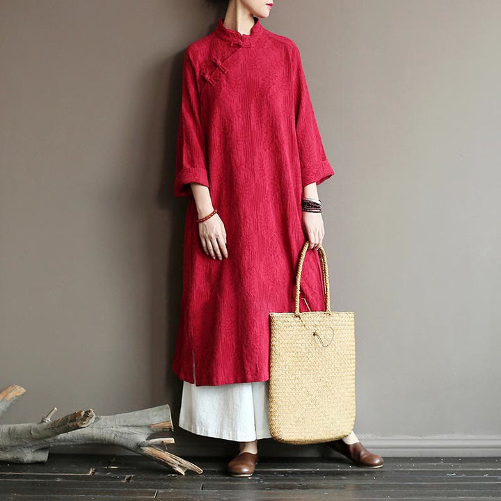 Abito midi in jacquard con fiori e Buddha Stones, abito in cotone e lino a maniche lunghe, pantaloni a gamba larga con tasche