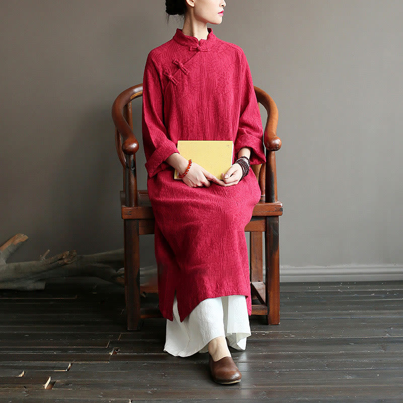 Abito midi in jacquard con fiori e Buddha Stones, abito in cotone e lino a maniche lunghe, pantaloni a gamba larga con tasche