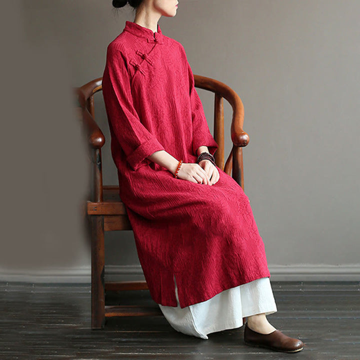 Abito midi in jacquard con fiori e Buddha Stones, abito in cotone e lino a maniche lunghe, pantaloni a gamba larga con tasche