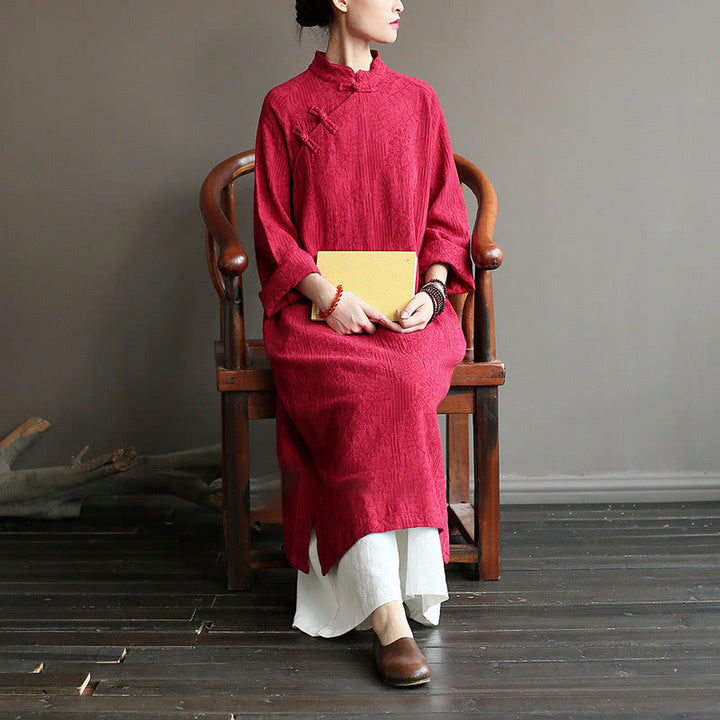 Abito midi jacquard con motivo floreale Buddha Stones, maniche lunghe, in cotone e lino, pantaloni a gamba larga con tasche. - image 25