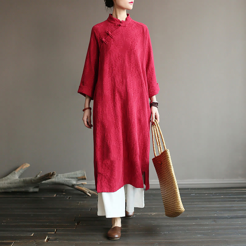 Abito midi in jacquard con fiori e Buddha Stones, abito in cotone e lino a maniche lunghe, pantaloni a gamba larga con tasche