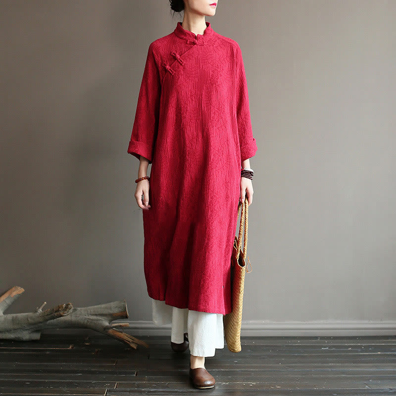Abito midi in jacquard con fiori e Buddha Stones, abito in cotone e lino a maniche lunghe, pantaloni a gamba larga con tasche