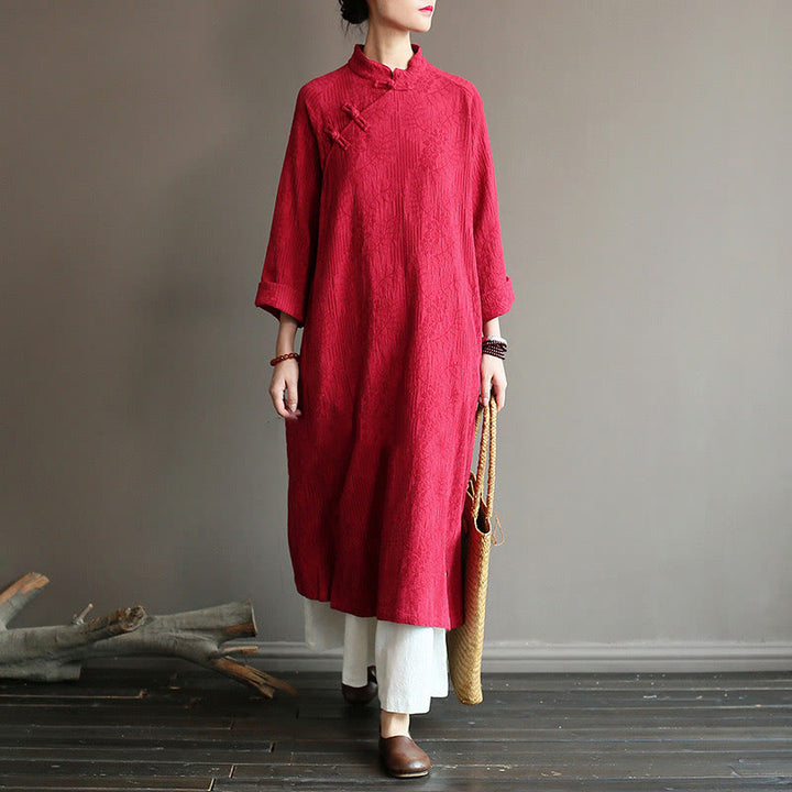 Abito midi in jacquard con fiori e Buddha Stones, abito in cotone e lino a maniche lunghe, pantaloni a gamba larga con tasche