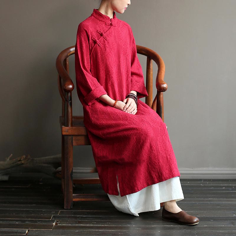 Abito midi in jacquard con fiori e Buddha Stones, abito in cotone e lino a maniche lunghe, pantaloni a gamba larga con tasche