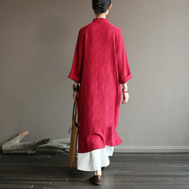 Abito midi in jacquard con fiori e Buddha Stones, abito in cotone e lino a maniche lunghe, pantaloni a gamba larga con tasche