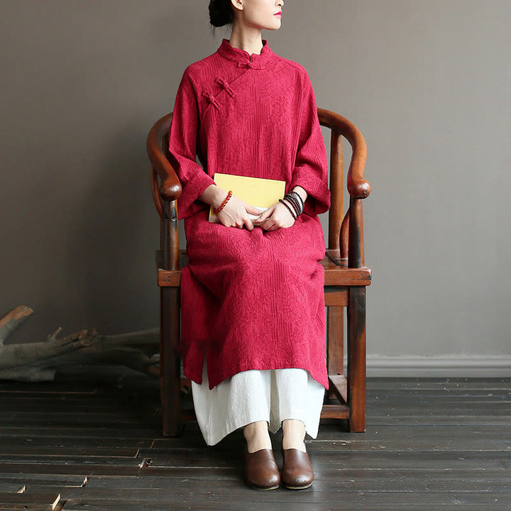 Abito midi in jacquard con fiori e Buddha Stones, abito in cotone e lino a maniche lunghe, pantaloni a gamba larga con tasche