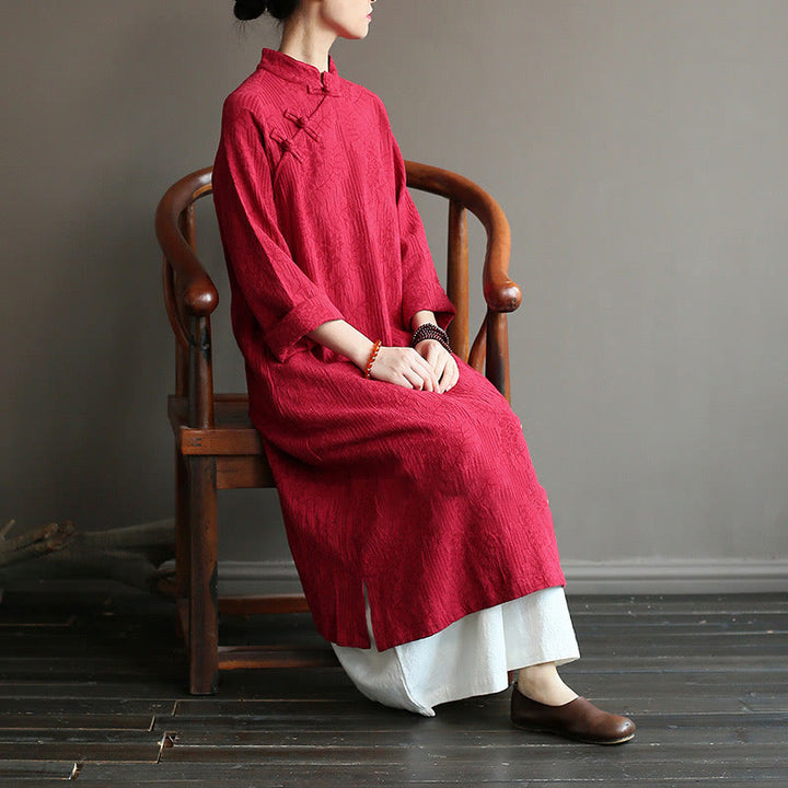Abito midi in jacquard con fiori e Buddha Stones, abito in cotone e lino a maniche lunghe, pantaloni a gamba larga con tasche