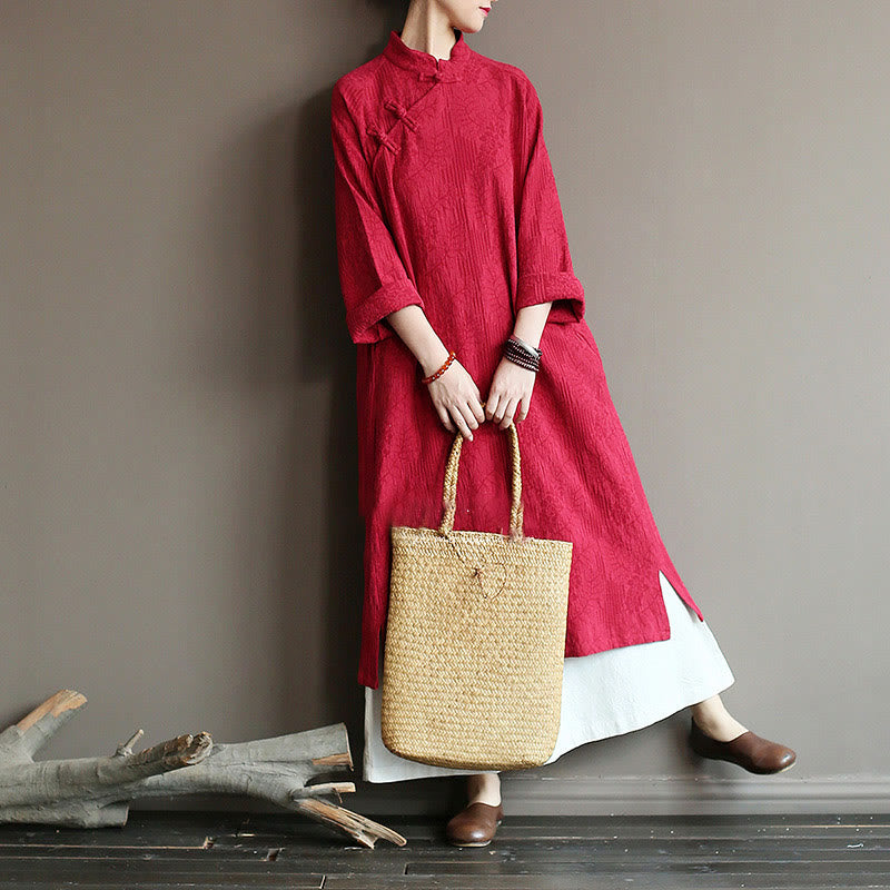 Abito midi in jacquard con fiori e Buddha Stones, abito in cotone e lino a maniche lunghe, pantaloni a gamba larga con tasche