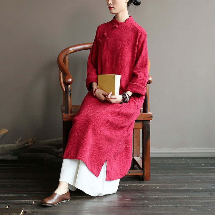 Abito midi in jacquard con fiori e Buddha Stones, abito in cotone e lino a maniche lunghe, pantaloni a gamba larga con tasche