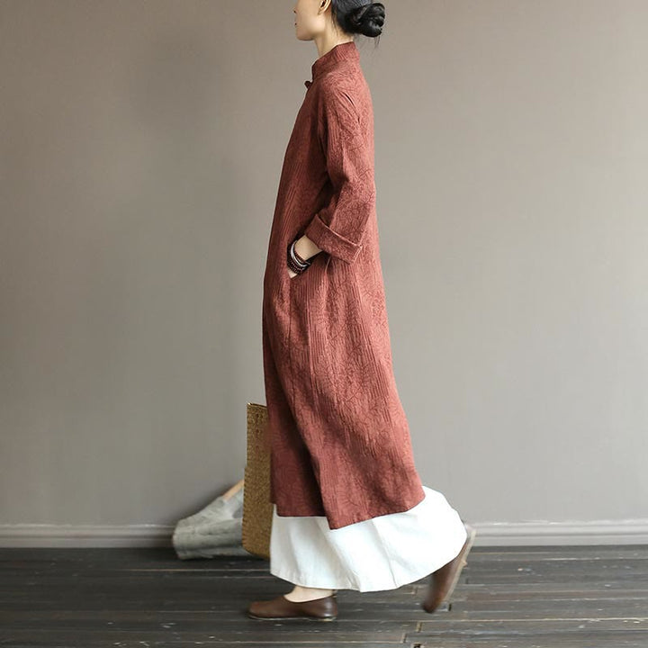 Abito midi in jacquard con fiori e Buddha Stones, abito in cotone e lino a maniche lunghe, pantaloni a gamba larga con tasche
