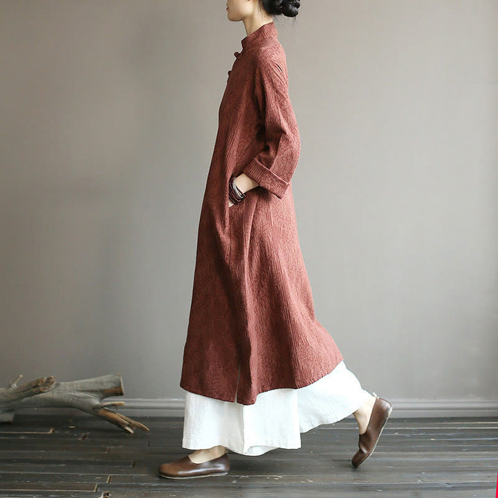 Abito midi in jacquard con fiori e Buddha Stones, abito in cotone e lino a maniche lunghe, pantaloni a gamba larga con tasche
