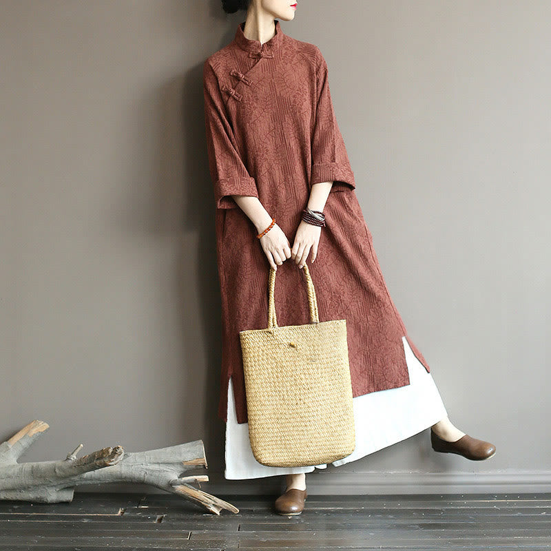 Abito midi in jacquard con fiori e Buddha Stones, abito in cotone e lino a maniche lunghe, pantaloni a gamba larga con tasche