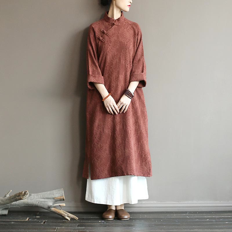 Abito midi in jacquard con fiori e Buddha Stones, abito in cotone e lino a maniche lunghe, pantaloni a gamba larga con tasche