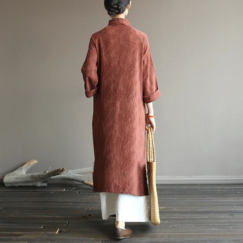 Abito midi in jacquard con fiori e Buddha Stones, abito in cotone e lino a maniche lunghe, pantaloni a gamba larga con tasche