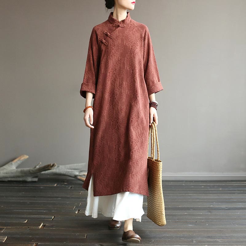 Abito midi in jacquard con fiori e Buddha Stones, abito in cotone e lino a maniche lunghe, pantaloni a gamba larga con tasche