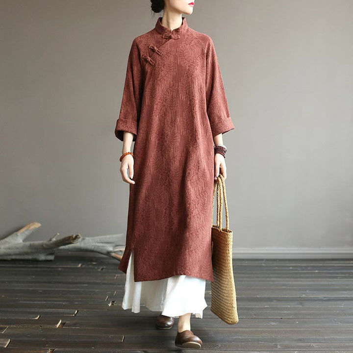 Abito midi in jacquard con fiori e Buddha Stones, abito in cotone e lino a maniche lunghe, pantaloni a gamba larga con tasche