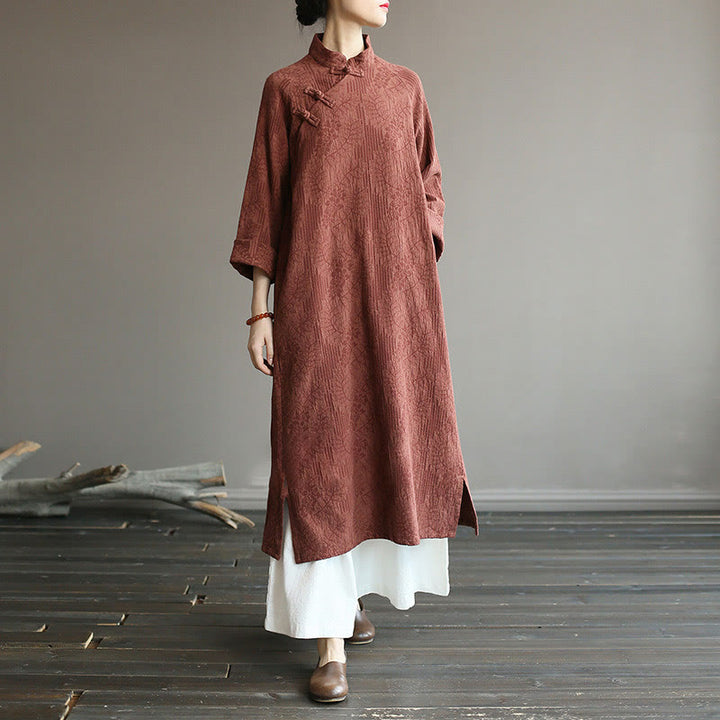 Abito midi in jacquard con fiori e Buddha Stones, abito in cotone e lino a maniche lunghe, pantaloni a gamba larga con tasche