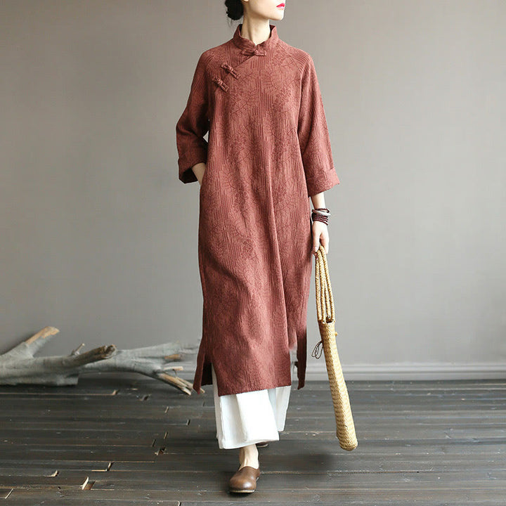 Abito midi in jacquard con fiori e Buddha Stones, abito in cotone e lino a maniche lunghe, pantaloni a gamba larga con tasche