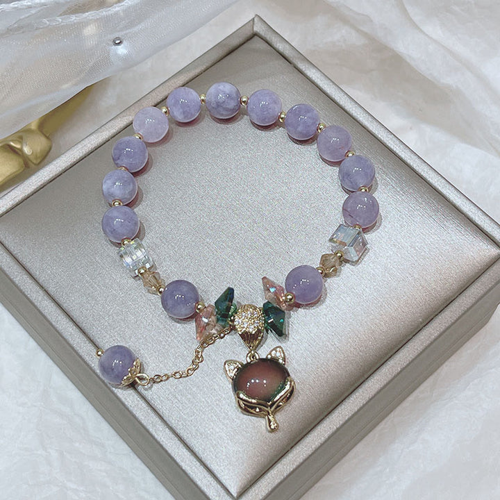Braccialetto della felicità con ciondolo volpe in giada viola naturale Buddha Stones
