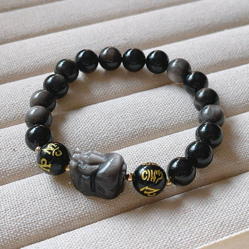 Buddha Stones Argento Naturale Ossidiana Lucente Ossidiana Nera Om Mani Padme Hum Pixiu Braccialetto di Protezione