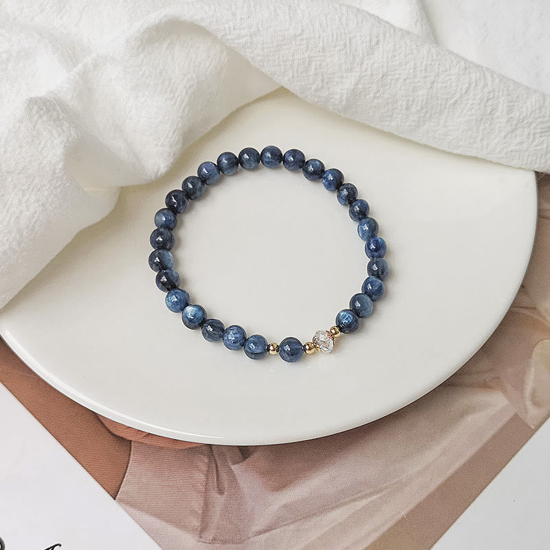 Buddha Stones Braccialetto di guarigione di cristallo blu di acquamarina di rame placcato oro 14K bianco di agata bianca