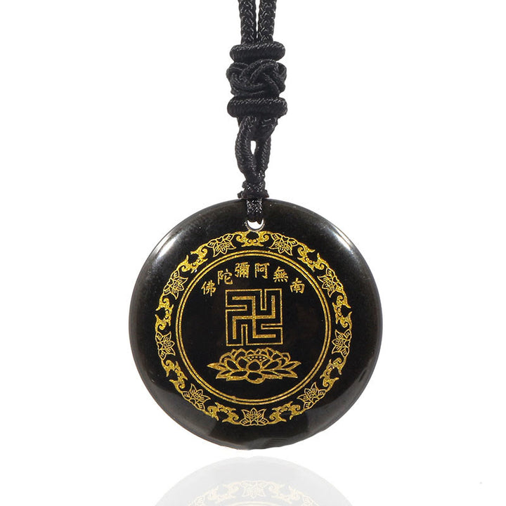 Buddha Stones Svastica Modello di loto Naturale Vario Cristallo Ossidiana Nera Collana Pendente di Purificazione