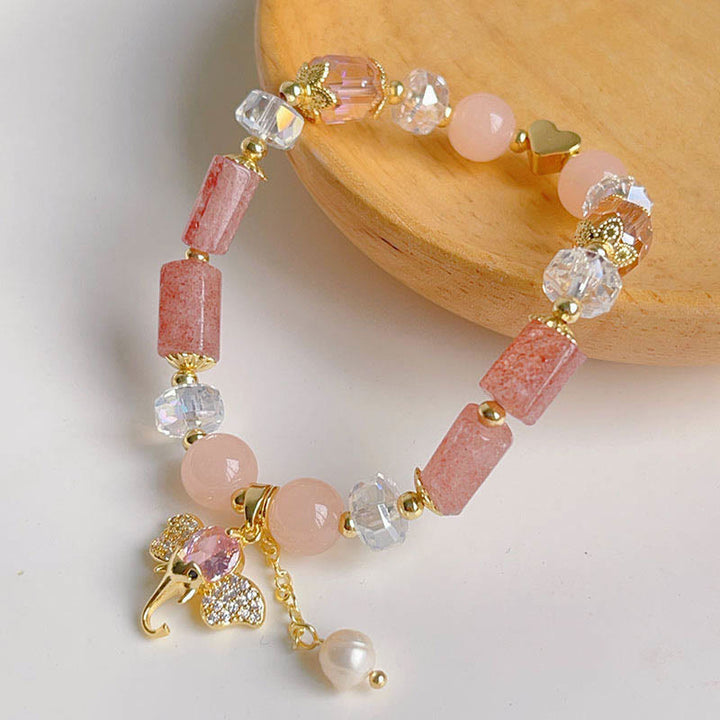 Braccialetto con ciondolo elefante positivo in quarzo fragola, ametista, avventurina verde Buddha Stones