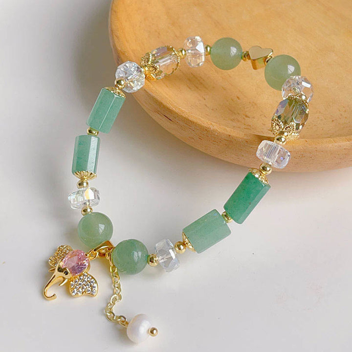 Braccialetto con ciondolo elefante positivo in quarzo fragola, ametista, avventurina verde Buddha Stones