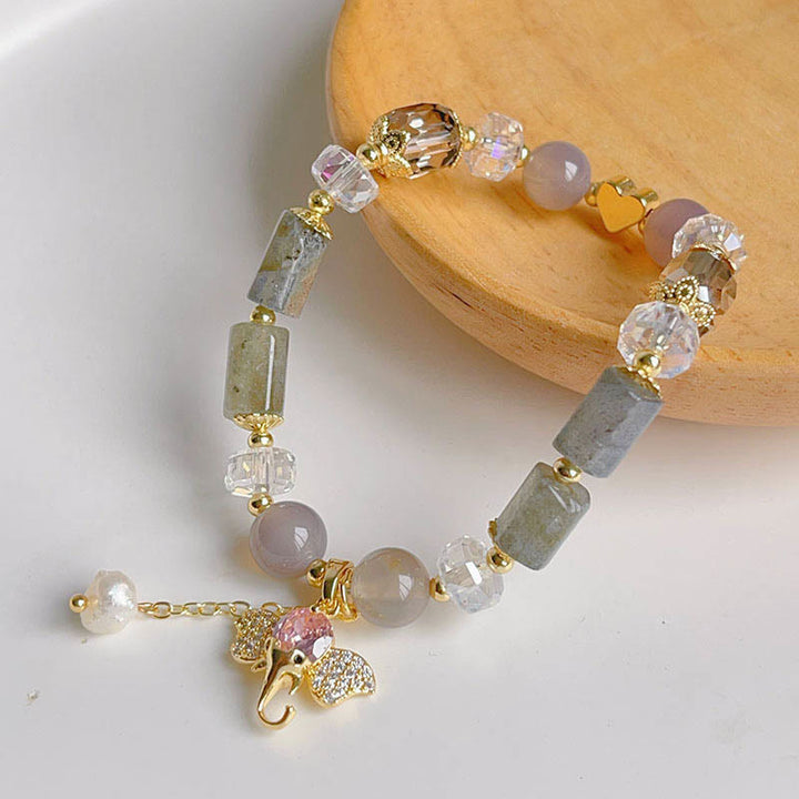 Braccialetto con ciondolo elefante positivo in quarzo fragola, ametista, avventurina verde Buddha Stones