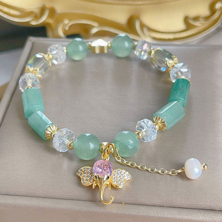 Braccialetto con ciondolo elefante positivo in quarzo fragola, ametista, avventurina verde Buddha Stones