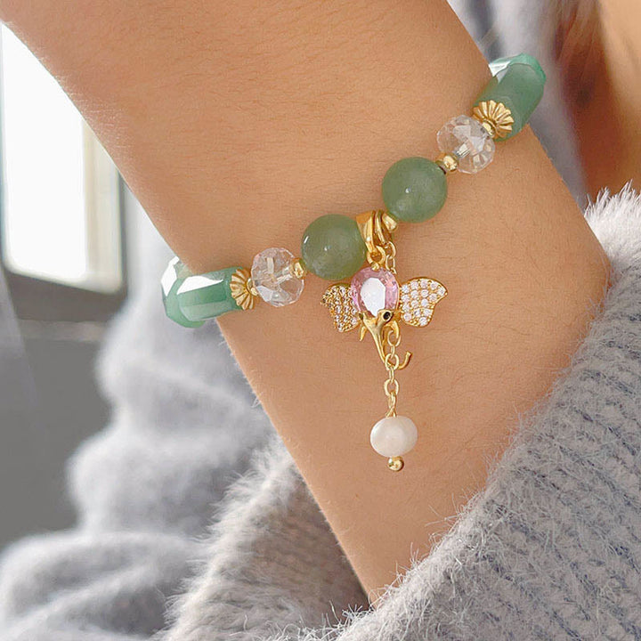 Braccialetto con ciondolo elefante positivo in quarzo fragola, ametista, avventurina verde Buddha Stones