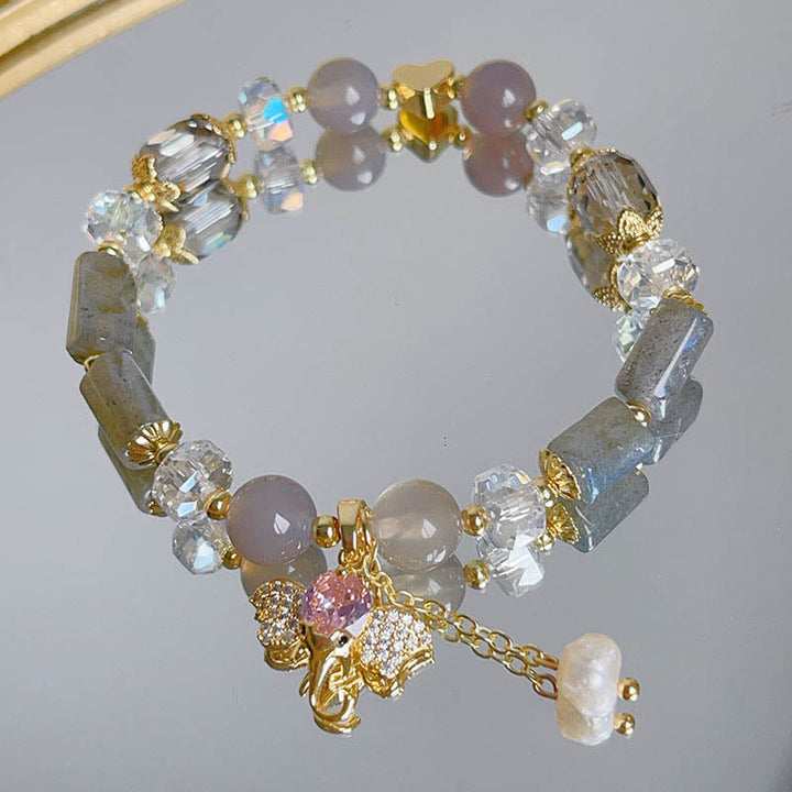 Braccialetto con ciondolo elefante positivo in quarzo fragola, ametista, avventurina verde Buddha Stones