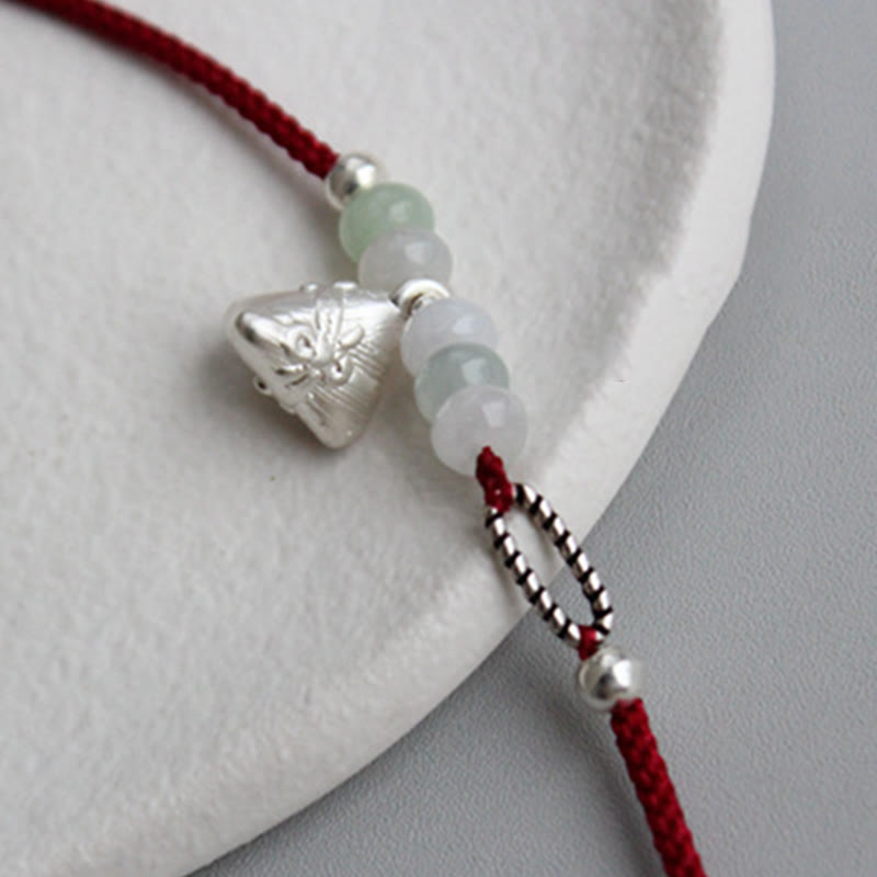 Braccialetto Buddha Stones 925 Sterling Silver Jade Red String Zongzi Charm Abundance
