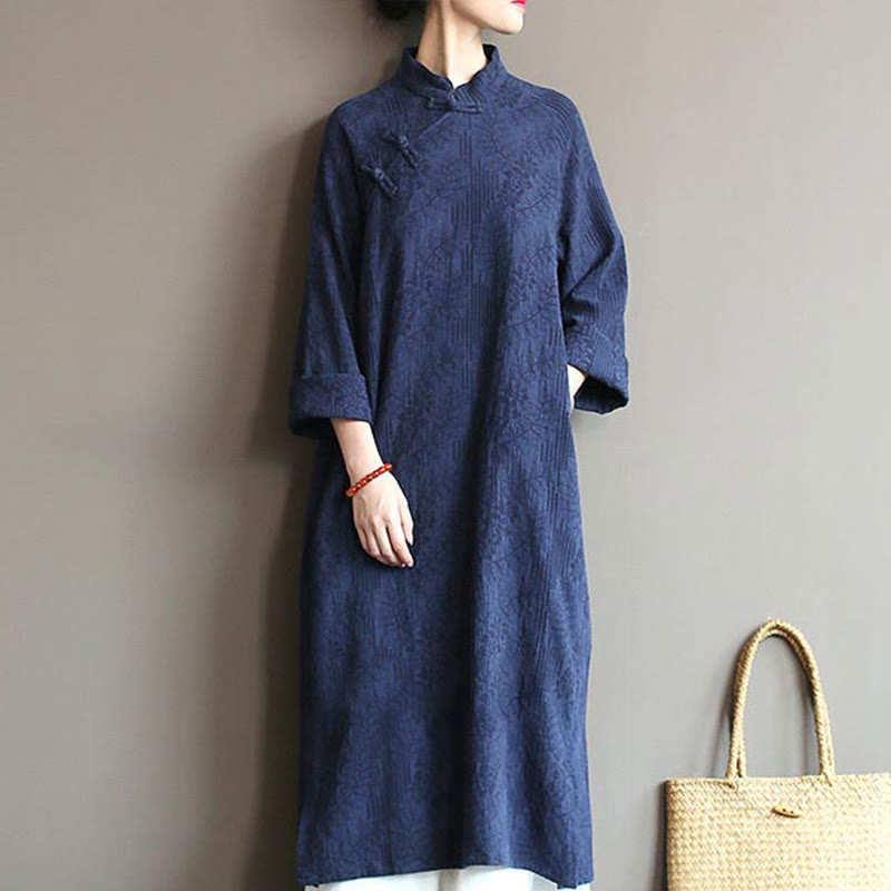 Abito midi in jacquard con fiori e Buddha Stones, abito in cotone e lino a maniche lunghe, pantaloni a gamba larga con tasche