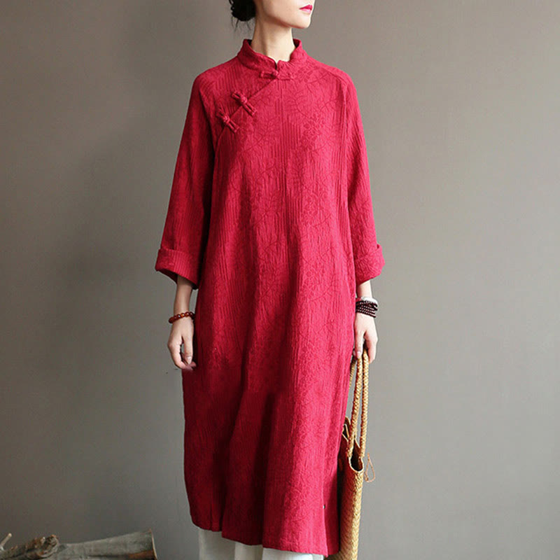 Abito midi in jacquard con fiori e Buddha Stones, abito in cotone e lino a maniche lunghe, pantaloni a gamba larga con tasche