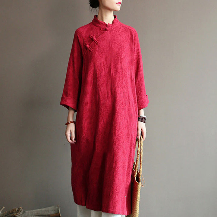 Abito midi in jacquard con fiori e Buddha Stones, abito in cotone e lino a maniche lunghe, pantaloni a gamba larga con tasche