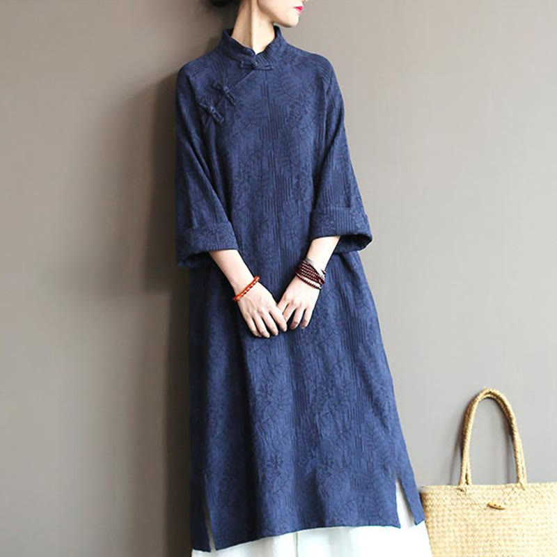 Abito midi in jacquard con fiori e Buddha Stones, abito in cotone e lino a maniche lunghe, pantaloni a gamba larga con tasche